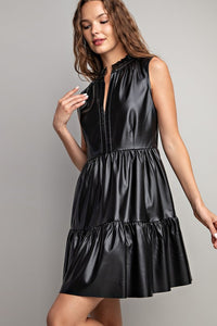 Black Faux Leather Tiered Mini Dress