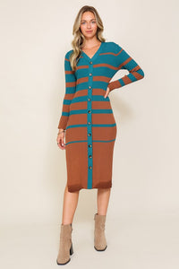 Teal/Brown Stripe Ribbed Button Down Knit Dress