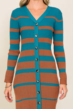 Teal/Brown Stripe Ribbed Button Down Knit Dress