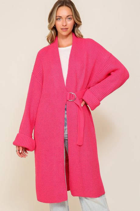 Deep Coral Long Slouchy Cardigan With Belt