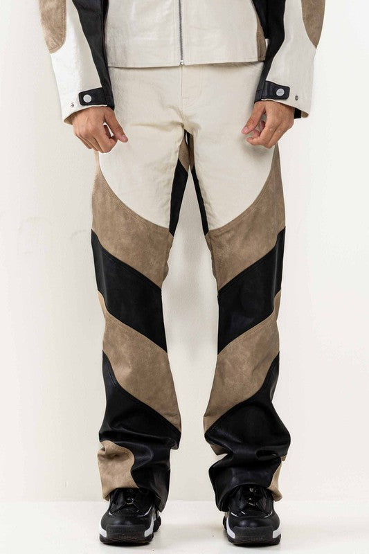 Ecru Premium Leather Mix Stacked Pants