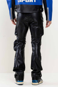 Black Premium Leather Multi Cargo Stacked Pants