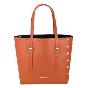 Coral Orange Genuine Italian Pebbled Leather Large Tote Bag