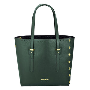 Dark Green Genuine Italian Pebbled Leather Large Tote Bag