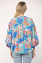 Blue Multi Floral Print 3/4 Ballon Sleeve Blouse