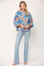 Blue Multi Floral Print 3/4 Ballon Sleeve Blouse