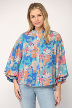 Blue Multi Floral Print 3/4 Ballon Sleeve Blouse