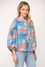 Blue Multi Floral Print 3/4 Ballon Sleeve Blouse