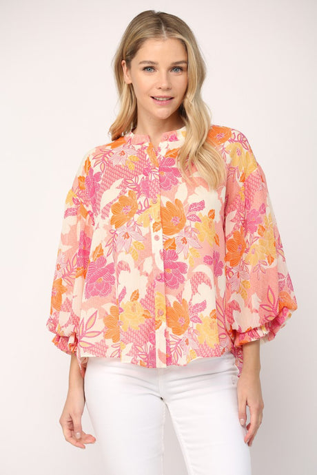 Magenta Multi Floral Print 3/4 Ballon Sleeve Blouse