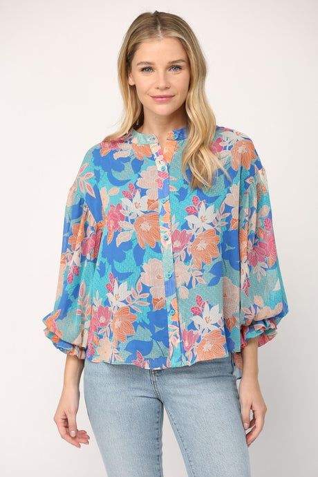 Blue Multi Floral Print 3/4 Ballon Sleeve Blouse