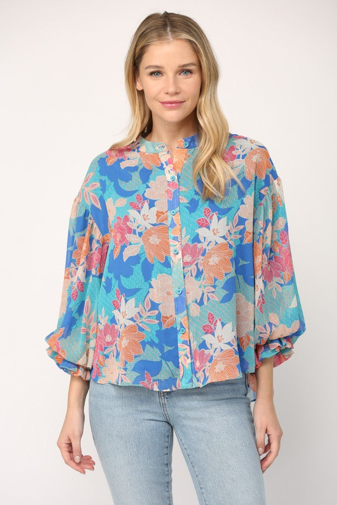 Blue Multi Floral Print 3/4 Ballon Sleeve Blouse
