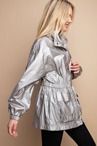 Silver Grey Metallic Snap Front Jacket