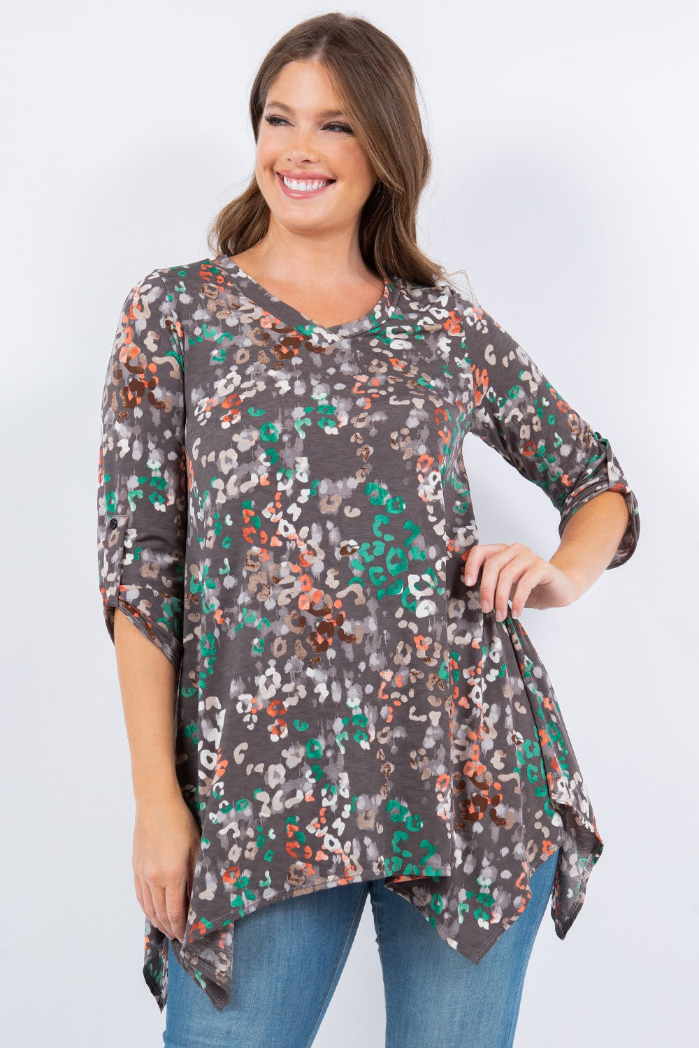 Multi Animal Print Tunic Shirt Roll Tab Sleeve