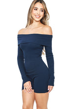 Navy Cotton Ribbed Foldover Off Shoulder Long Sleeve Bodycon Romper