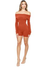 Rust Bright Cotton Ribbed Foldover Off Shoulder Long Sleeve Bodycon Romper