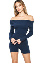 Navy Cotton Ribbed Foldover Off Shoulder Long Sleeve Bodycon Romper