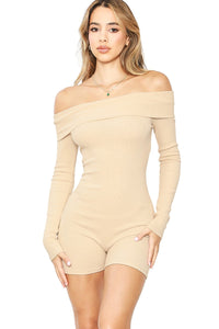 Cream Cotton Ribbed Foldover Off Shoulder Long Sleeve Bodycon Romper