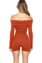 Rust Bright Cotton Ribbed Foldover Off Shoulder Long Sleeve Bodycon Romper