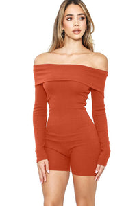 Rust Bright Cotton Ribbed Foldover Off Shoulder Long Sleeve Bodycon Romper