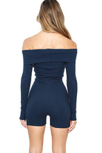 Navy Cotton Ribbed Foldover Off Shoulder Long Sleeve Bodycon Romper