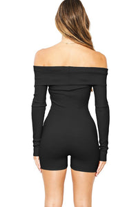 Black Cotton Ribbed Foldover Off Shoulder Long Sleeve Bodycon Romper