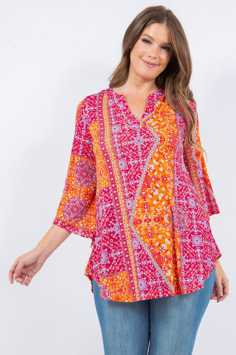Multi Rust Scarf Print V Neck Tunic Top