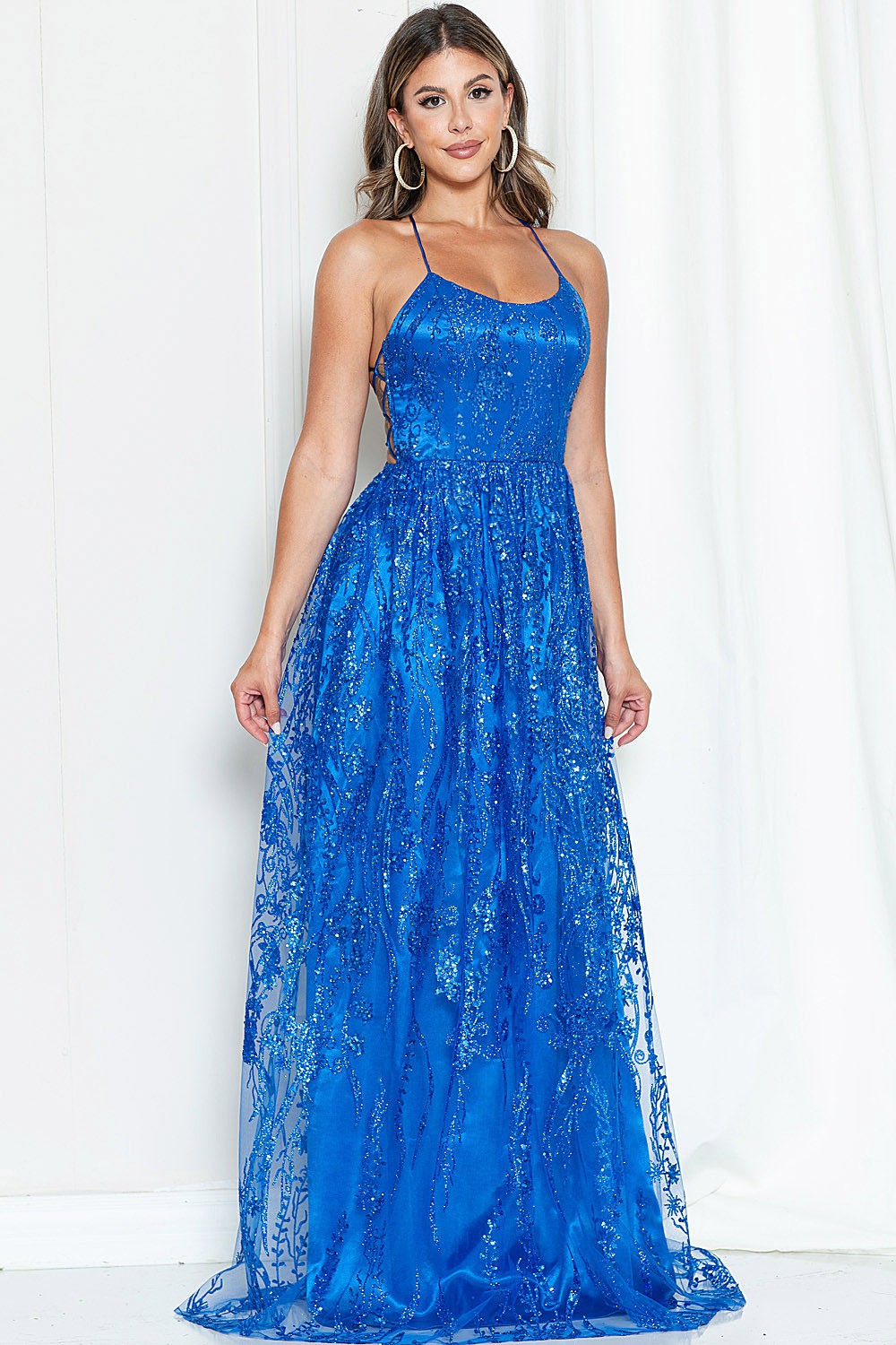 Royal Blue Lace Up Back Glitter Maxi Dress Aquarius Brand Royal Blue Lace Up Back Glitter Maxi Dress Aquarius Brand