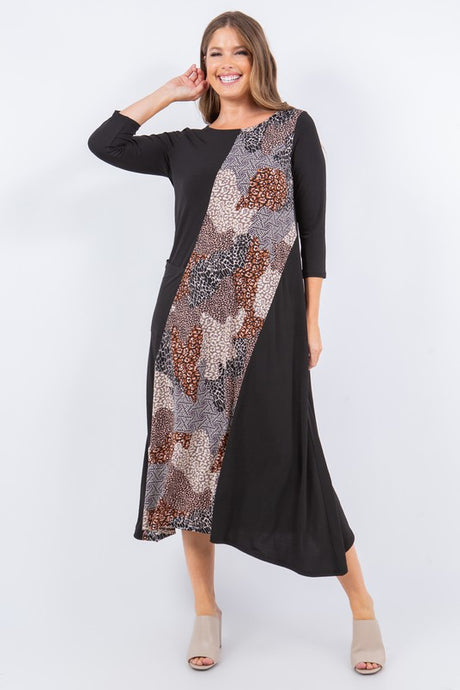 Multi Print Contrast Midi Dress Pocket Detail