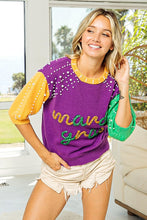 Purple/Mustard/Green Mardi Gras Color Block Pearl Beads Sweater