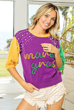 Purple/Mustard/Green Mardi Gras Color Block Pearl Beads Sweater