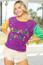 Purple/Mustard/Green Mardi Gras Color Block Pearl Beads Sweater