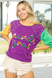 Purple/Mustard/Green Mardi Gras Color Block Pearl Beads Sweater