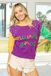 Purple/Mustard/Green Mardi Gras Color Block Pearl Beads Sweater