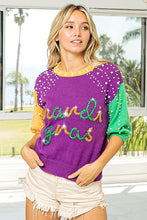 Purple/Mustard/Green Mardi Gras Color Block Pearl Beads Sweater