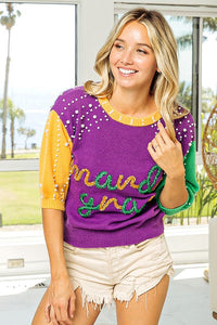 Purple/Mustard/Green Mardi Gras Color Block Pearl Beads Sweater