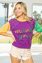 Purple/Mustard/Green Mardi Gras Color Block Pearl Beads Sweater