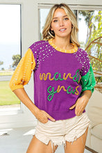 Purple/Mustard/Green Mardi Gras Color Block Pearl Beads Sweater