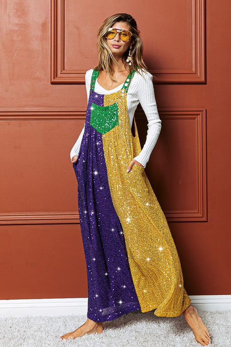 Purple/Green/Must Sequin Mardi Gras Overalls