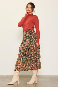 Black-Terracotta Floral Print Ruffled Midi Skirt