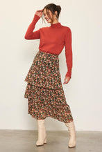 Black-Terracotta Floral Print Ruffled Midi Skirt
