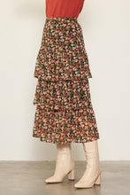 Black-Terracotta Floral Print Ruffled Midi Skirt