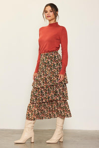 Black-Terracotta Floral Print Ruffled Midi Skirt