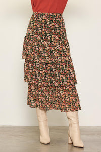 Black-Terracotta Floral Print Ruffled Midi Skirt
