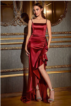 Burgundy Fitted Satin Dress With Ruffle