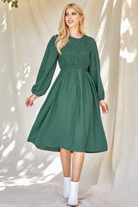 Hunter Green Solid Smocked Dress