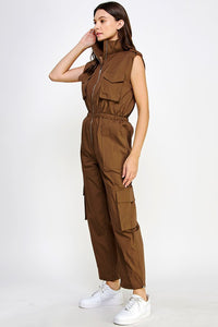 Brown High Neck Cargo Technical Jumpsuit