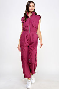 Burgundy High Neck Cargo Technical Jumpsuit