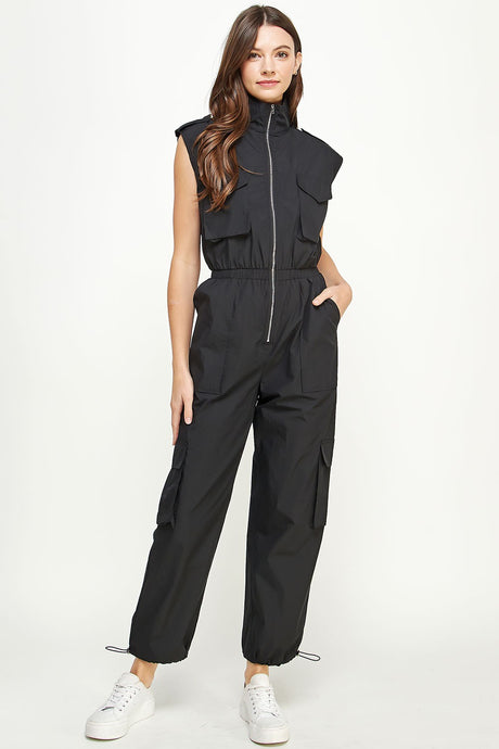 Black High Neck Cargo Technical Jumpsuit