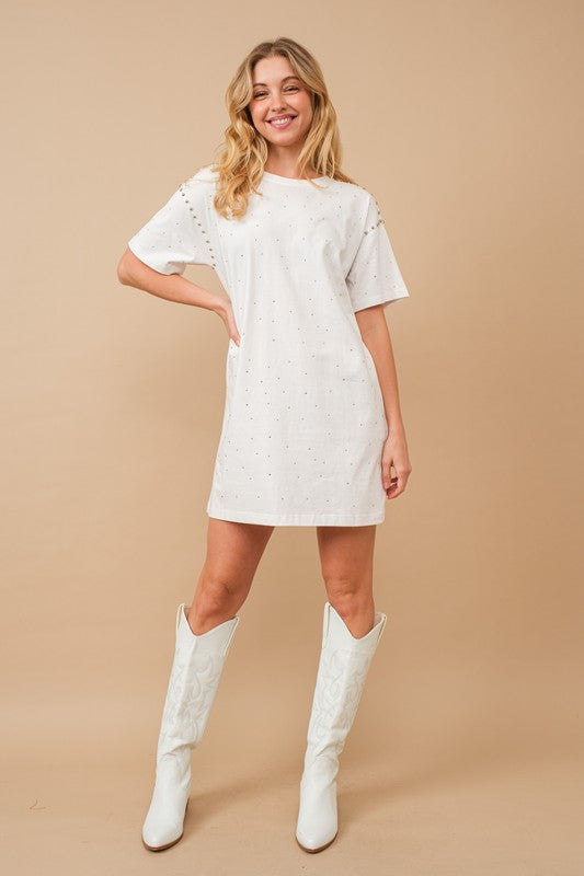 White Cotton Jersey Sprinkle Loose T Shirt Dress