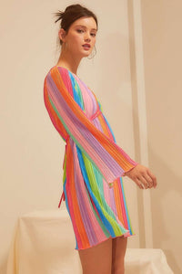 Rainbow Multi Pleat Front Cross Tie Dress